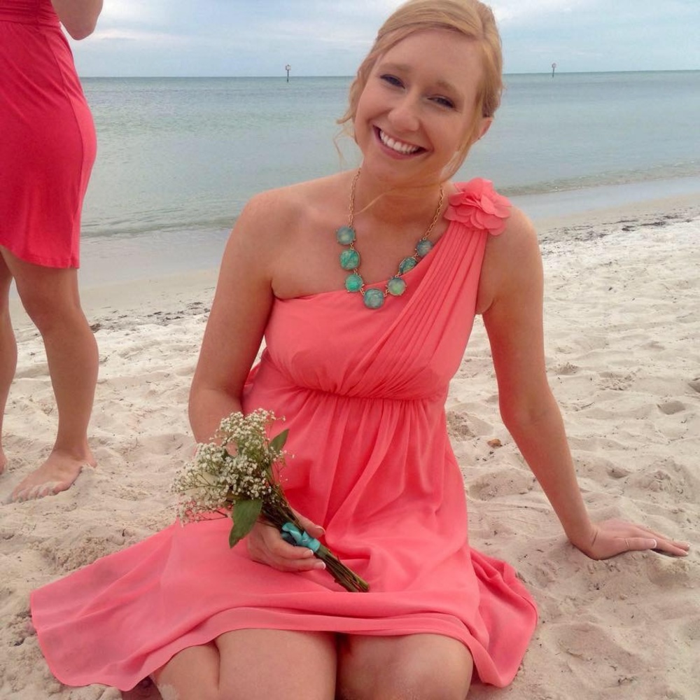 David’s Bridal One-Shoulder Dress in Reef Coral